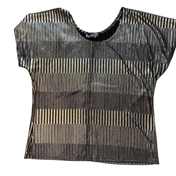 Naïf Gold Black Slinky Short Sleeve Blouse Size L Shimmer Relaxed Fit Party Fun - Picture 5 of 9